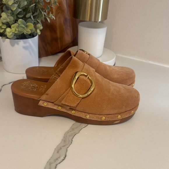 Vince Camuto Tan Suede Mules with Gold Accents - Picture 2 of 5